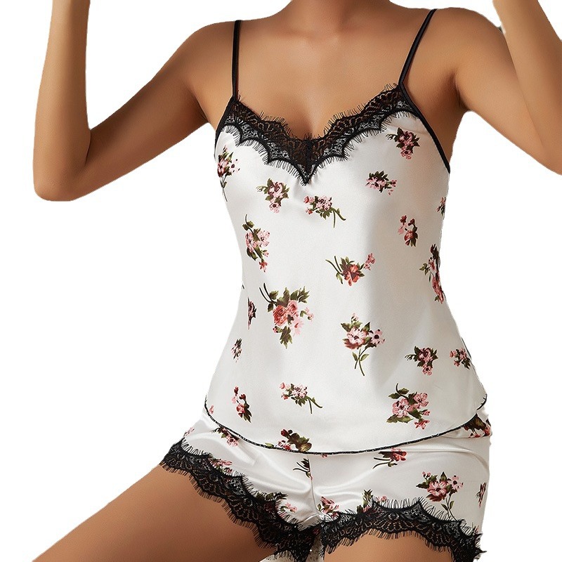 Original manufacturer's European and American cross-border pajama women's ice silk lace patchwork home sexy halter dress set for women Item Picture