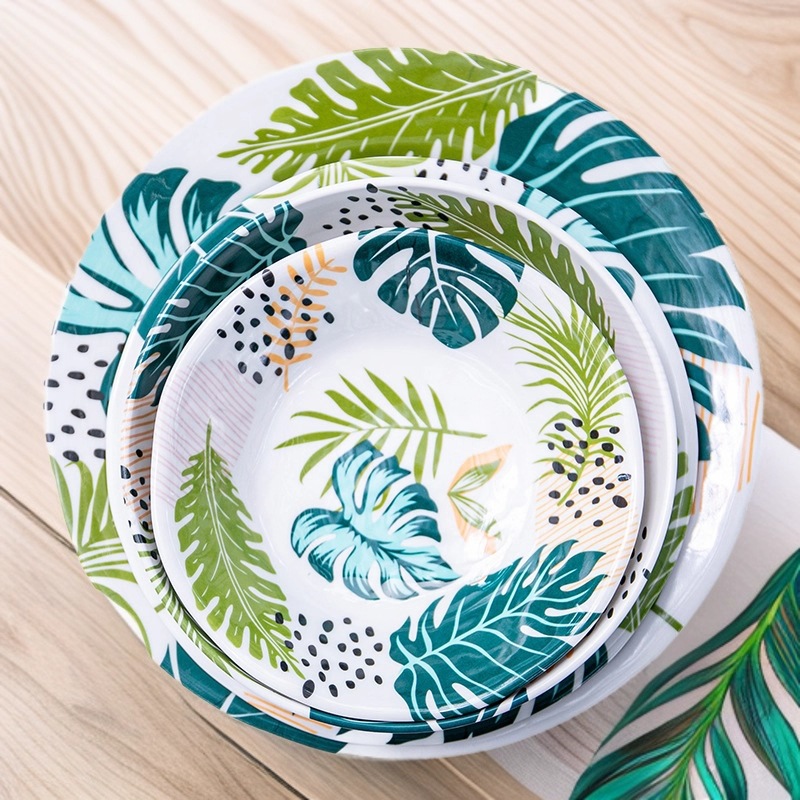 New green plant bowls and plates, melamine tableware, Nordic-style bowls, plates, trays, chopsticks, bowls and plates, household wholesale full figure