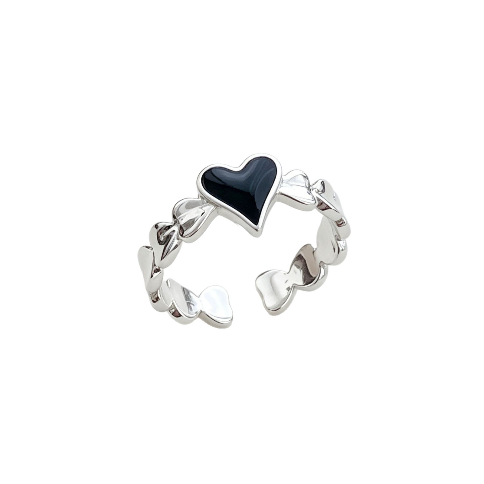 The Korean version s925 black glazed heart-shaped ring is fashionable, simple and versatile. It features a unique heart-shaped open ring design for women Item Picture