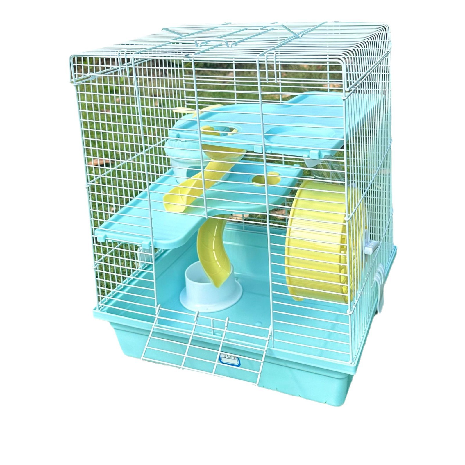 Jaula de hamster más alta gran villa de tres niveles más alta pequeña jaula de molino de viento oso de oro 3502 color de dibujos animados dos puertas hamster suministros Item Picture