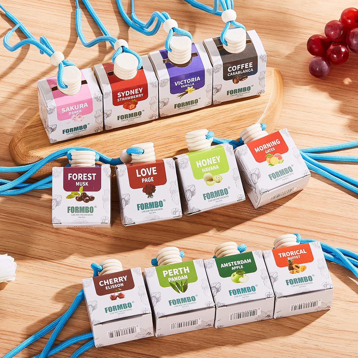 【跨境专供】车载香薰挂件汽车内高档持久吊坠精油香氛12个味批发