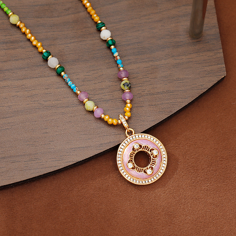 Ethnic style retro new Chinese style contrasting color crystal handcrafted beaded necklace, geometric round studded with zirconium drip glaze pendant necklace