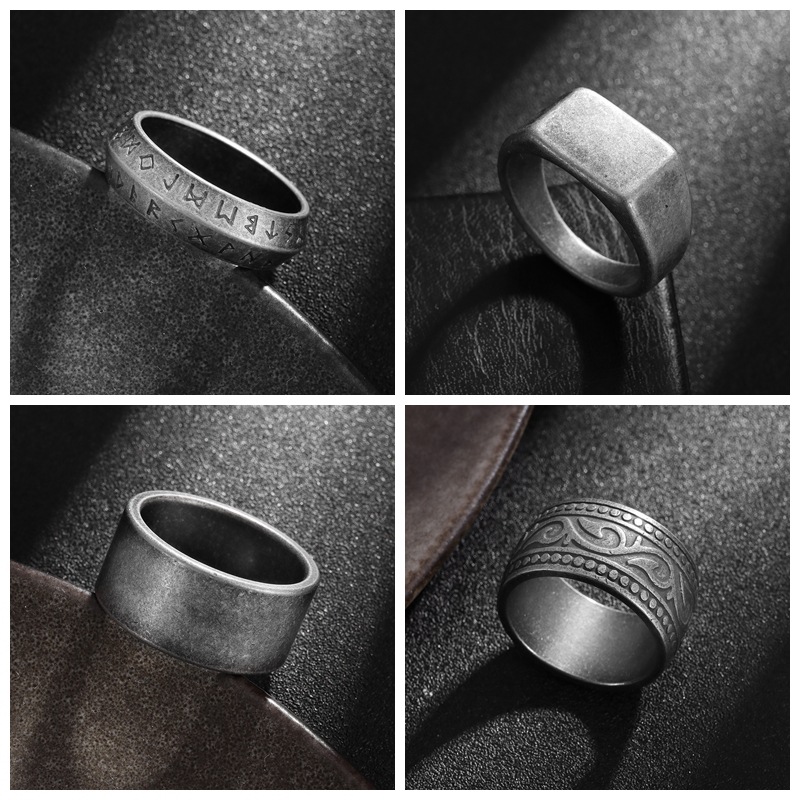 Amazon cross-border best-selling antique silver jewelry from Europe and America, aged men's titanium steel rings, Viking symbol ring bracelets details Picture