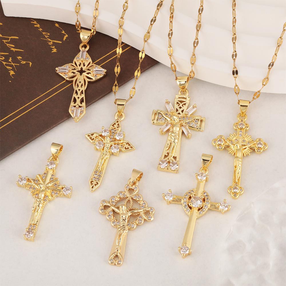 A popular retro cross necklace for men and women in Europe and America, a fashionable copper-plated real gold slightly inlaid zircon pendant accessory full figure