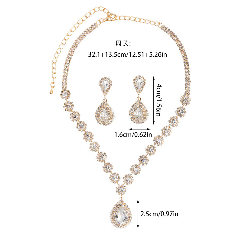 New court-style cross-border teardrop-shaped earrings, necklace and rhinestone set, elegant and refined bridal wedding banquet accessories details Picture