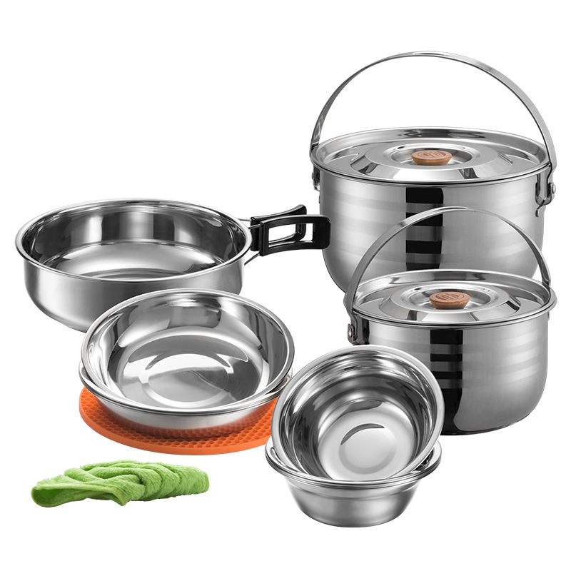 Stainless steel pot sets for outdoor 6-8 people, camping cookware, kettles, gas stoves, portable equipment, tableware, camping Item Picture