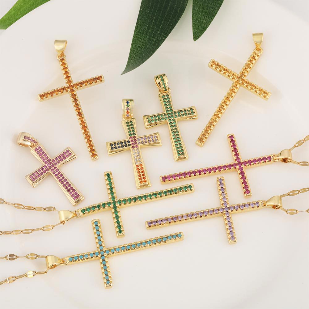 Amazon cross-border accessories fashion pendants, copper zircon gilded cross pendants, versatile lip chains wholesale full figure