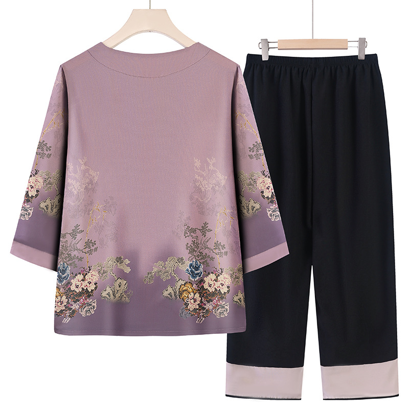 A purple embroidered sportswear top with a Chinese trend and black seven-point yoga pants for a slimming, breathable and casual look Specification image