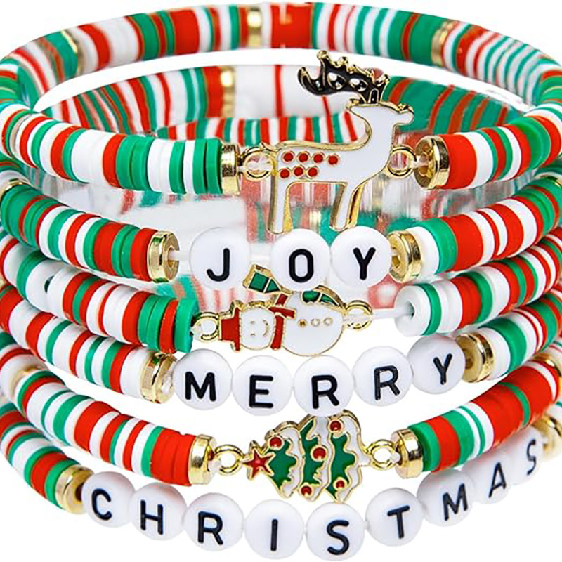 Amazon's best-selling 2024 Christmas 6-piece cute reindeer soft clay bracelet set for ladies' party gifts full figure