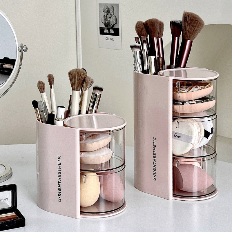Powder puff desktop storage box, rotating dust-proof dressing table, desktop beauty egg cushion, lipstick, makeup brush storage cylinder Application Scenario