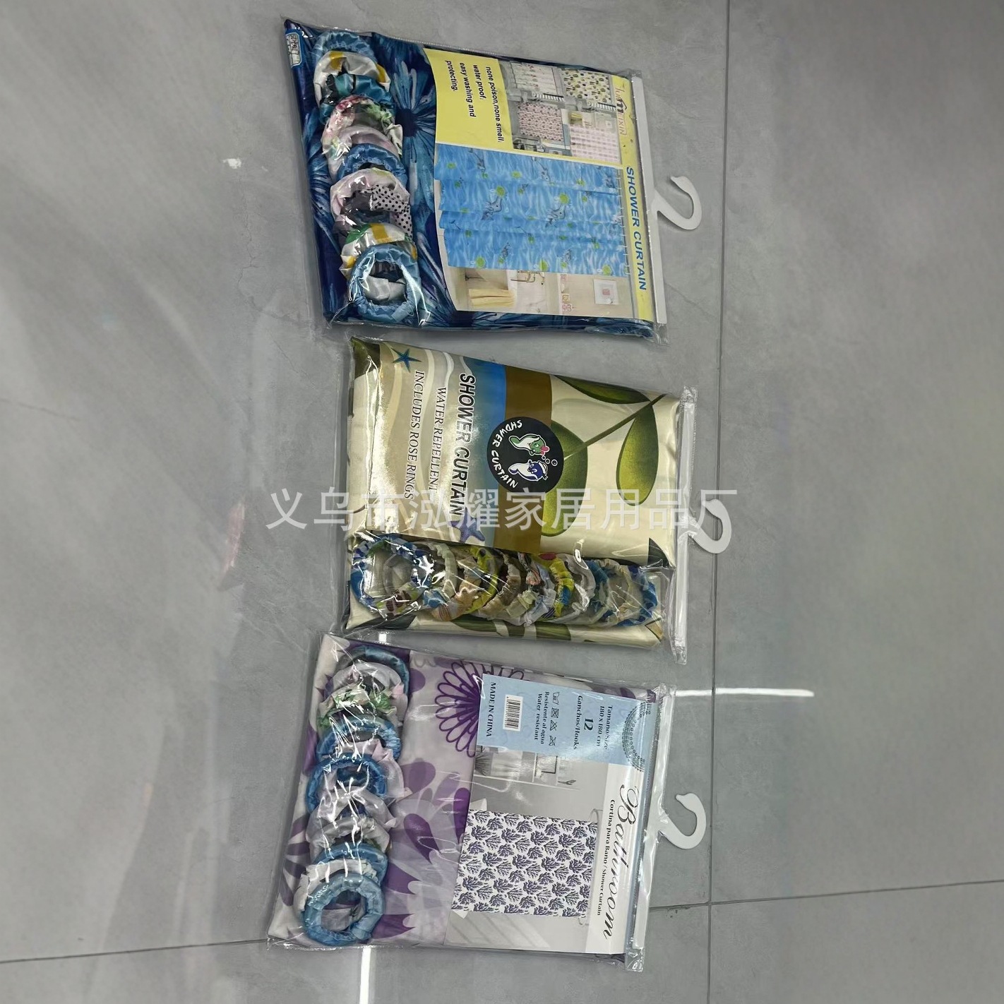 新款时尚免打孔涤纶印花浴帘布圈挂帘防水防霉浴室帘厂家直销批发