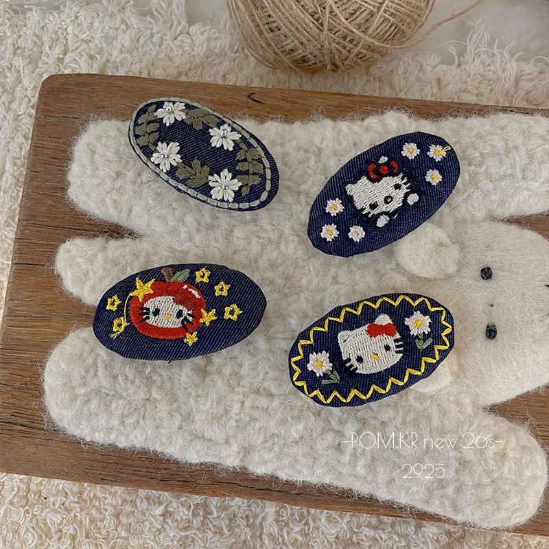 New Korean-style oval denim embroidered kt hair clip, children's fabric handmade bye-bye clip, sweet and versatile side clip hair accessory details Picture