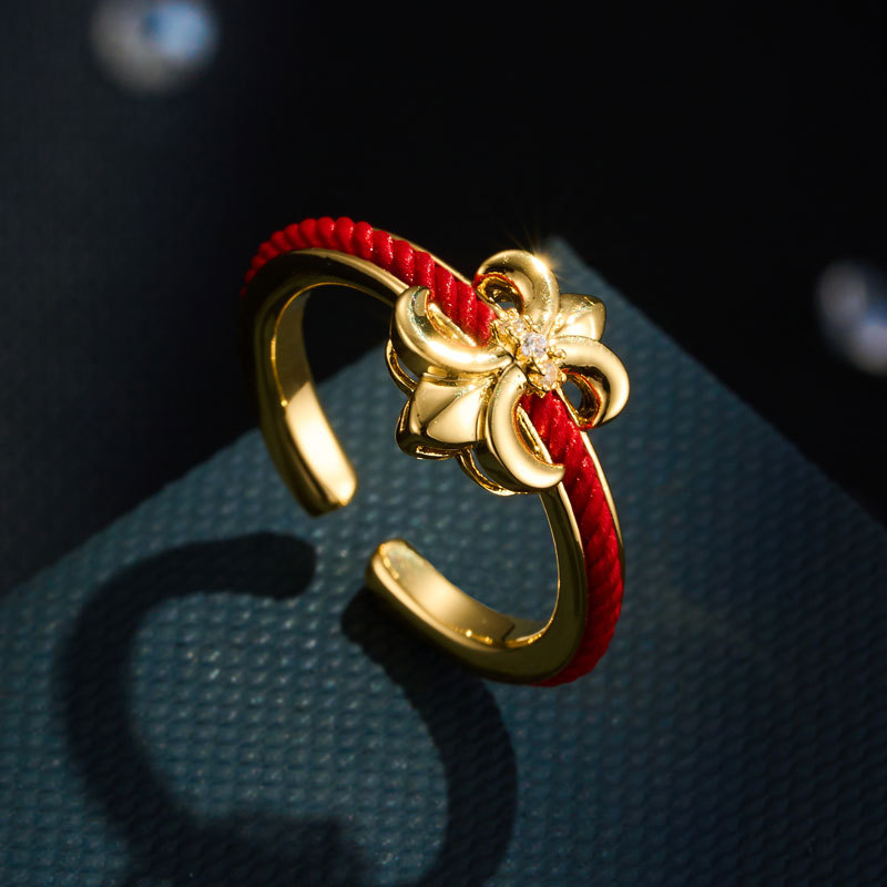 Original design for wealth and good luck: Woven red rope open ring, copper alloy, real gold electroplated with zirconium, adjustable ring
