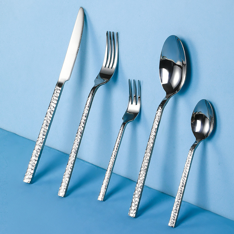 跨境创意不锈钢轻奢方柄钻石锤纹餐刀叉勺甜品勺酒店西餐餐具套装