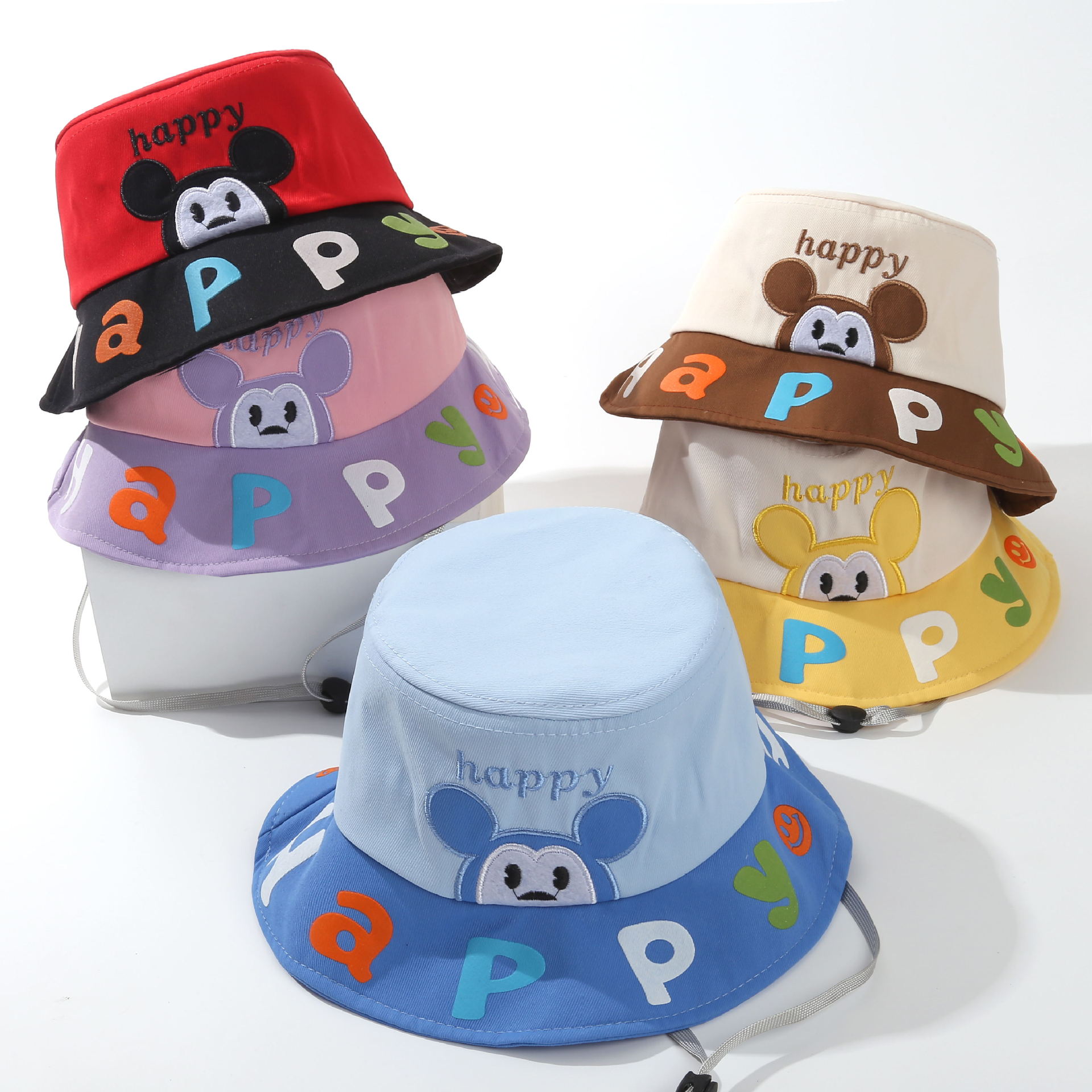 儿童帽子新款春秋季可爱卡通动物防风绳渔夫帽男女童遮阳百搭盆帽