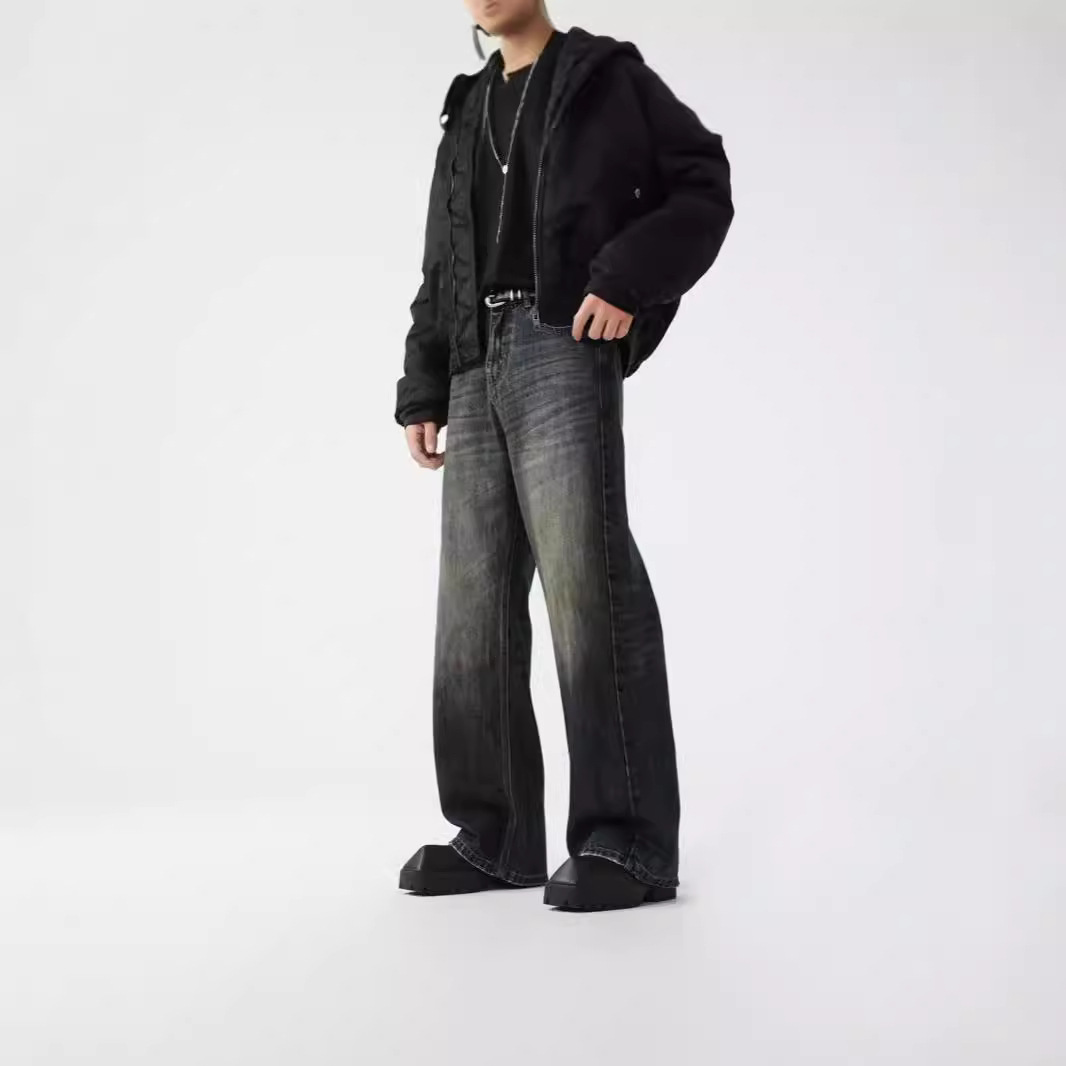 American retro spring distressed embroidered loose wide-leg jeans for both men and women, cleanfit drape long pants details Picture