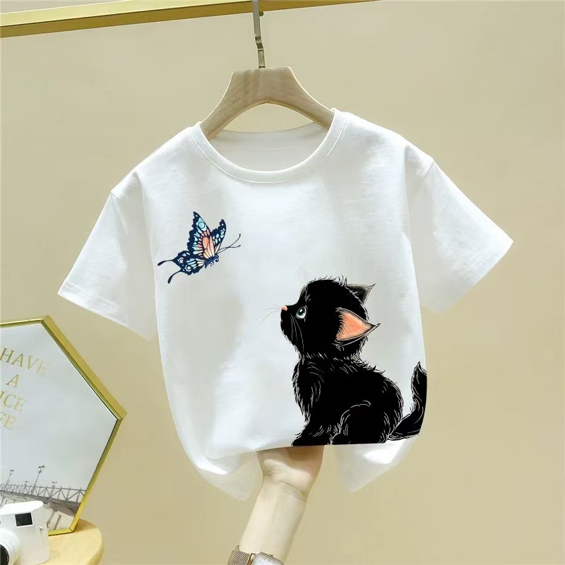 Cat children's short-sleeved T-shirt for summer 2025 new style, a nice top for girls, a half-sleeved pure cotton summer dress for boys Item Picture