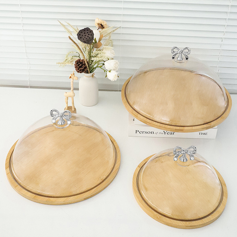 Covered bamboo and wood plate with transparent cover, dessert and fruit tasting box, Western pastry, bread and pastry tasting plate, cake tray