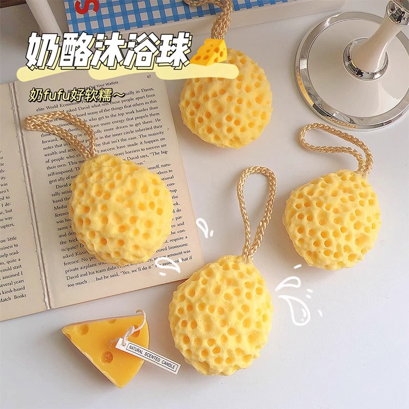日式蜂窝沐浴球家用带挂绳高颜值奶酪洗澡球柔软海绵起泡搓澡浴花