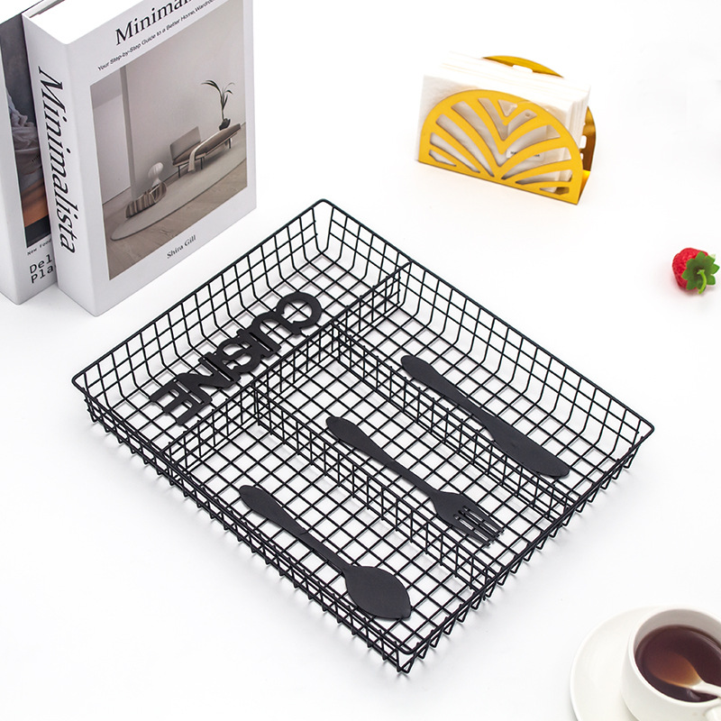 Four-compartment tableware storage box, iron storage basket, kitchen, restaurant and hotel draining tabletop, metal storage basket for knives and forks Specification image
