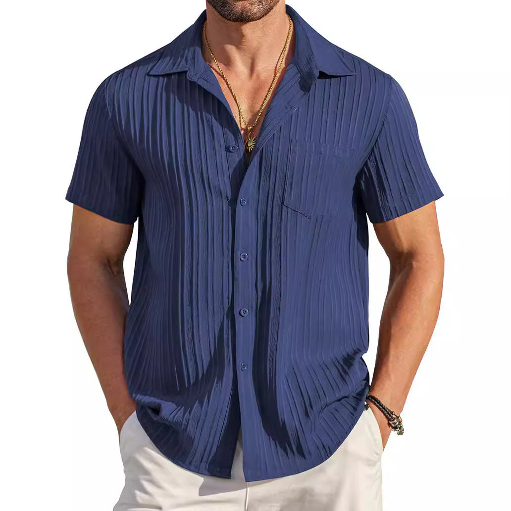 2026 Amazon Summer Lapel Solid color short-sleeved button-down shirt for men, versatile and casual for men Specification drawing