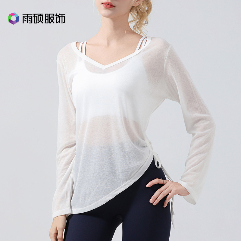 Flared sleeve sun protection smock, long-sleeved hip-covering women's pleated drawstring T-shirt, loose casual fitness short-sleeved yoga wear