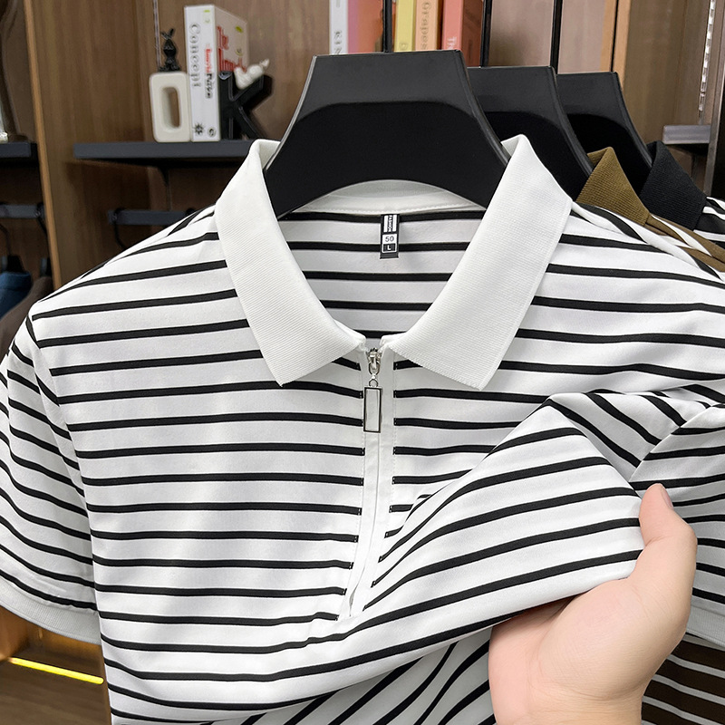 Summer new striped men's T-shirt, half-zipper short-sleeved Polo shirt, lapel thin cotton T-shirt, cross-border trade men's clothing