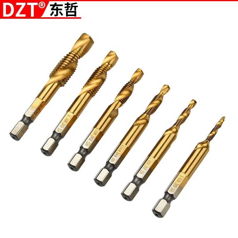 High-speed steel composite tap hexagonal handle titanium plating machine spiral tap tool tapping and chamfering integrated set details Picture