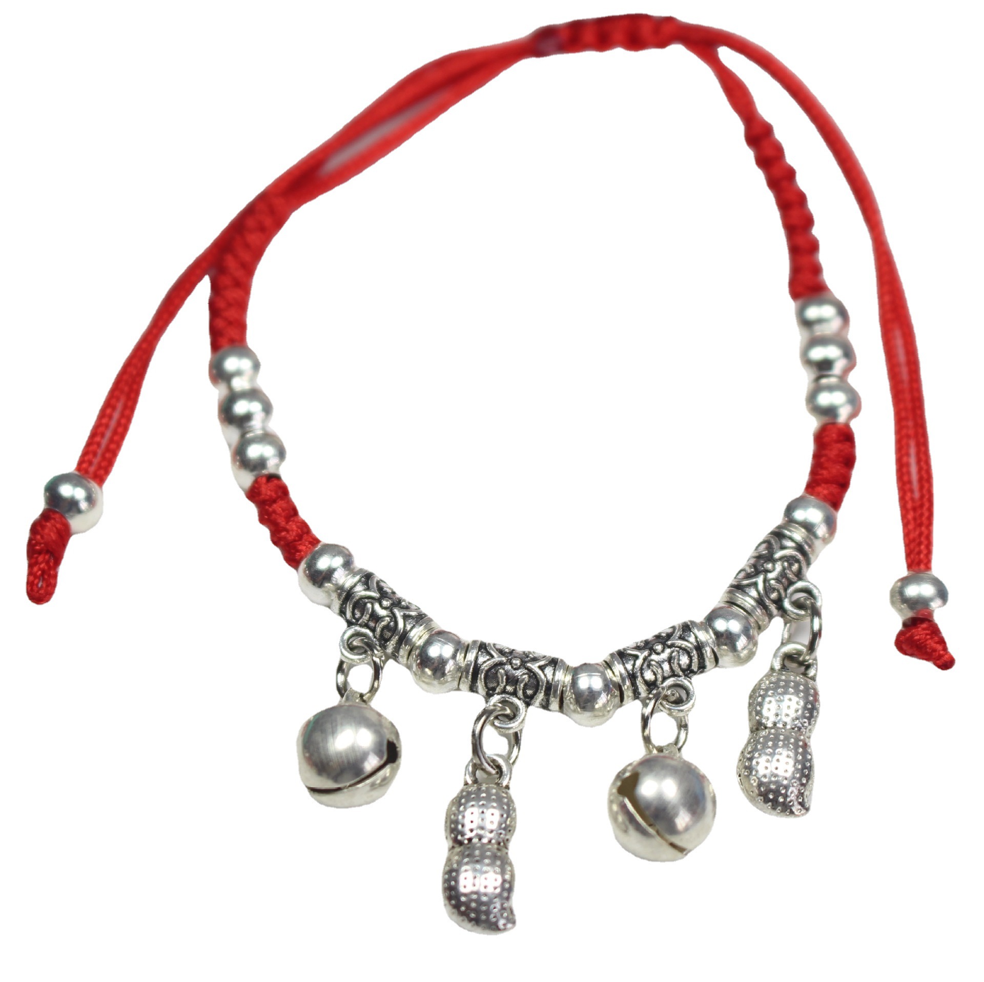 The zodiac year imitation Tibetan silver red rope bracelet and ankle bracelet, traditional Chinese hand-woven Miao silver bracelet, best friend and couple bell jewelry Item Picture