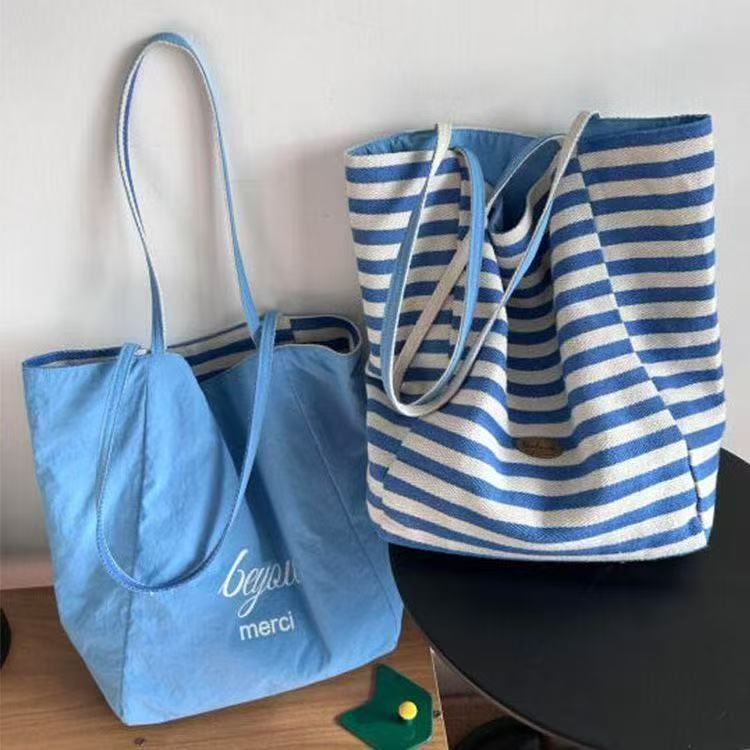 Cross-Border Canvas Bag, Striped Canvas Bag, Tote Bag, Student Large-Capacity Casual Shoulder Bag, Fashionable Casual Bag, Fashionable Simple Handbag, Canvas Bag