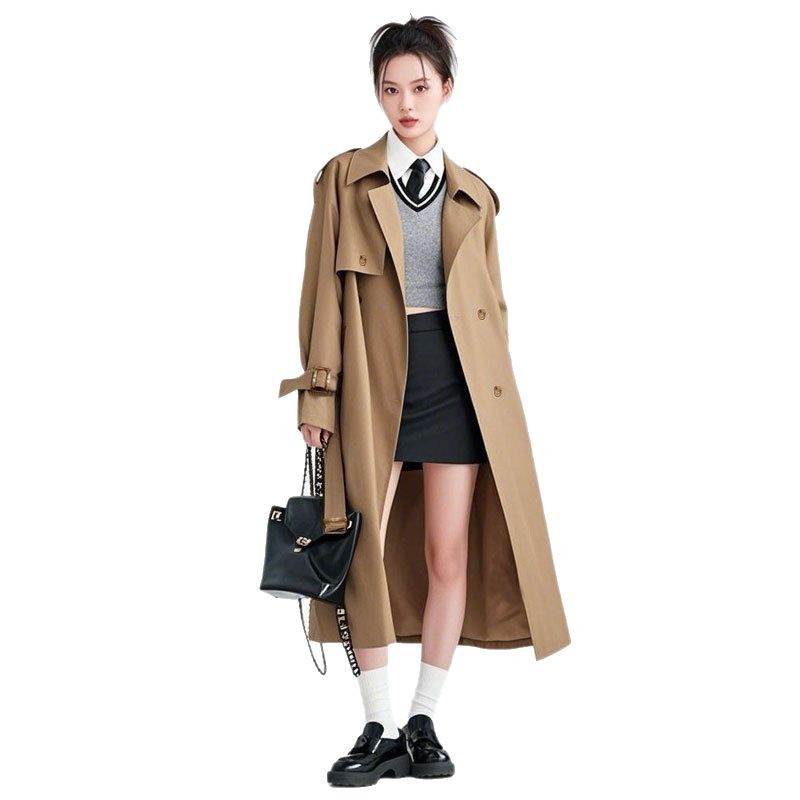 Extended knee-length trench coat for women, new early spring Korean style, student-style casual black overcoat Item Picture