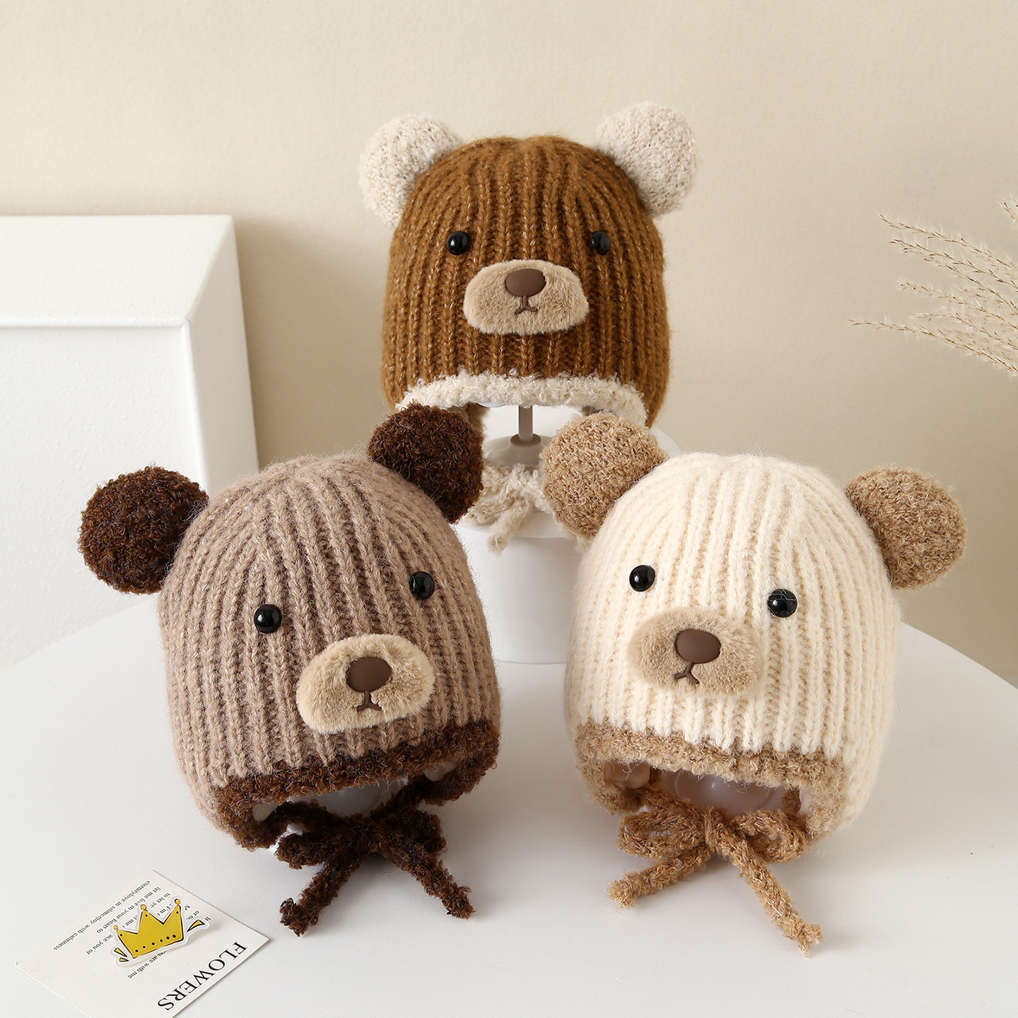 宝宝毛线帽冬季儿童针织帽男女童卡通护耳帽加厚防风帽可爱小熊帽