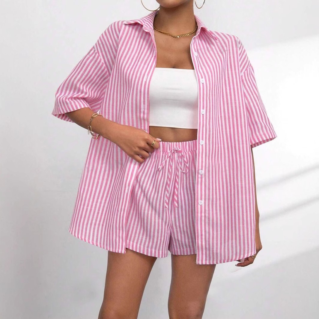 Amazon's new European and American fashion set for Spring/Summer 2025: Two pieces of lapel casual striped shirts and short-sleeved pants full figure