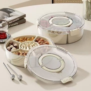收纳盘轻奢果盘家用客厅茶几零食坚果糖果盒带盖圆形分格干果盒