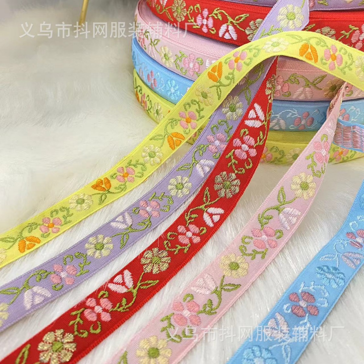 1.8cm Ethnic-style embroidered jacquard webbing DIY flower bow hair accessory border strap Nylon lustrous silk webbing details Picture