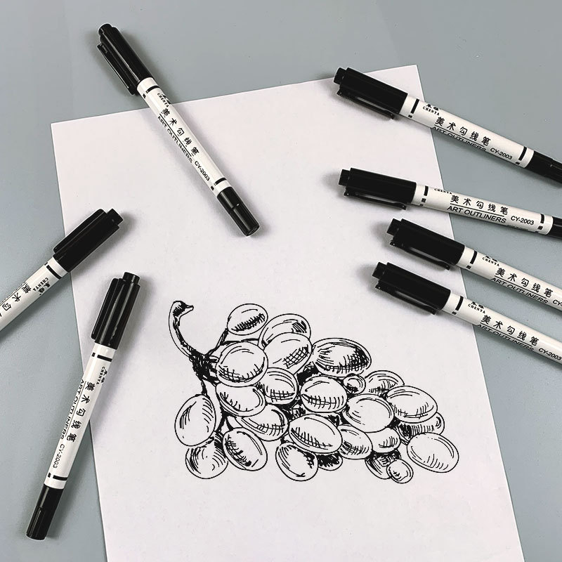 Small double-headed marker pen, black art outlining pen, two-end sketch oil painting outlining, thick and thin tip oil-based outlining pen Specification image