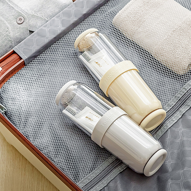 Portable travel toiletry cup set for a family of four, toothbrush storage, brushing cups, dry and wet separated mouthwash cups Application Scenario