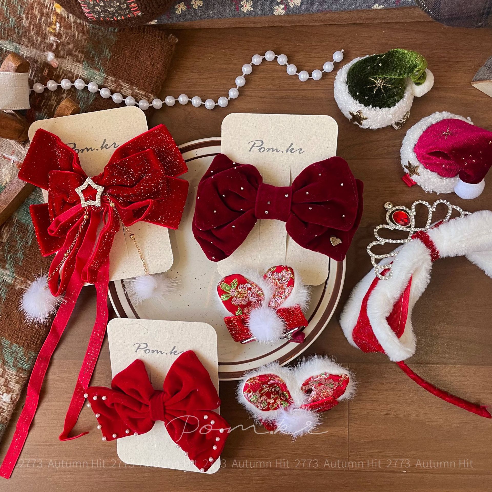 韩系儿童红色质感丝绒布艺蝴蝶结发夹女孩毛绒球发圈发箍女童发饰