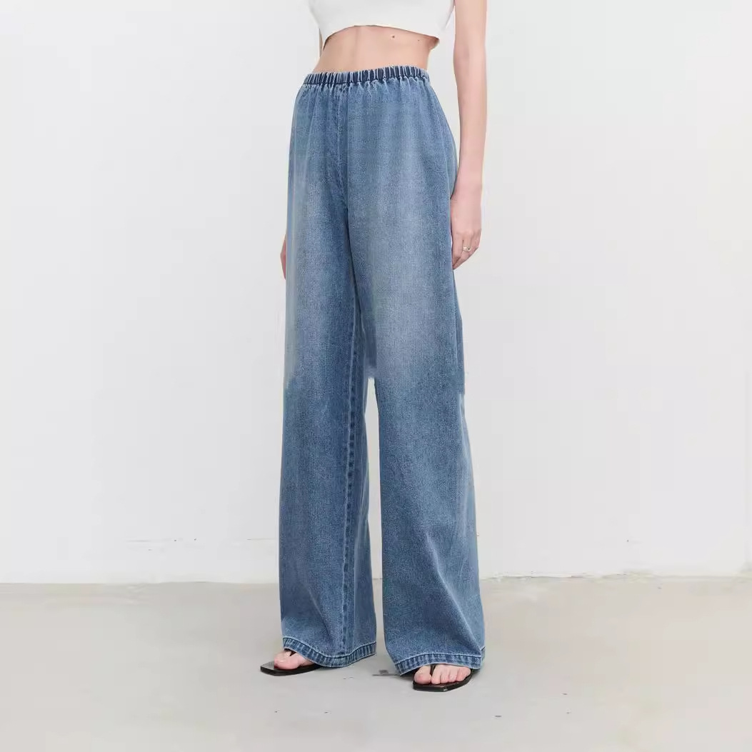 【UpperClass系列】丹宁风百搭牛仔蓝长裤女天丝松紧腰阔腿牛仔裤产品图