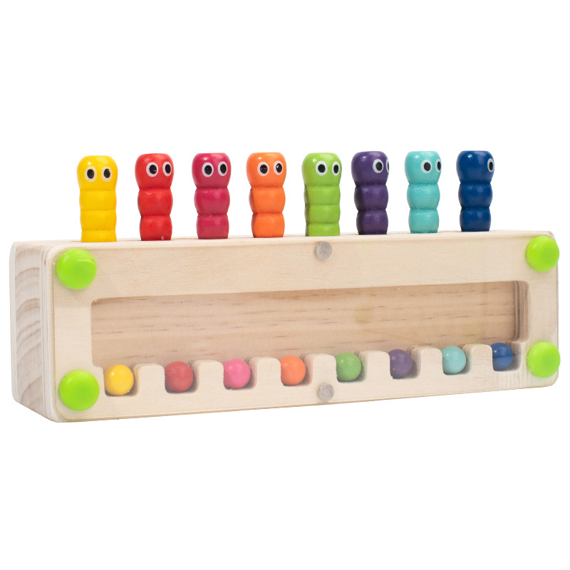 儿童启蒙圆柱体插棍毛毛虫木棍猜猜乐感官幼儿园互动木质积木玩具白底实物图