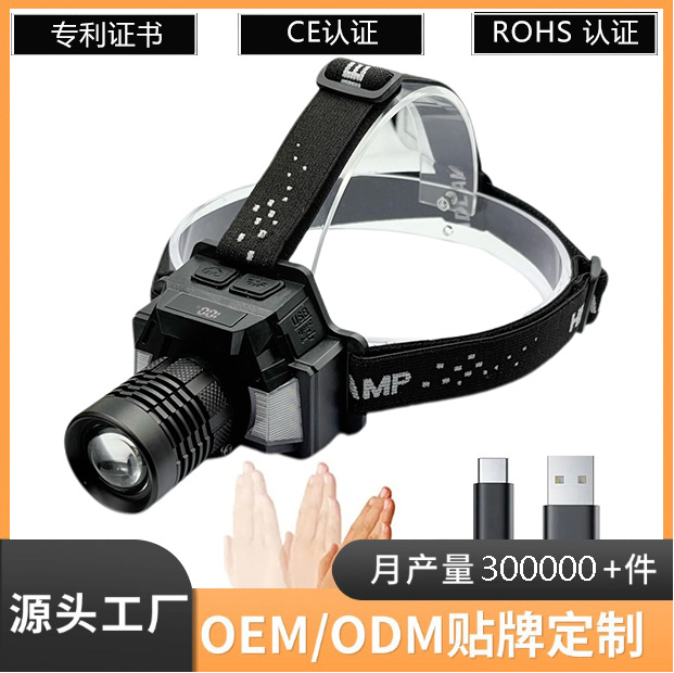 Cross-border two-light source, LED battery level display, charging night riding headlamp, zoom, long-range aluminum alloy miner's lamp Item Picture