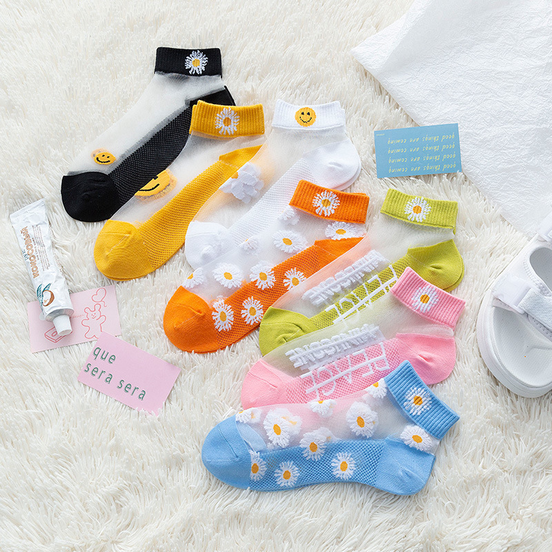 Women's short socks, summer pure cotton, summer ultra-thin invisible crystal socks, internet-famous Daisy silk socks, Instagram trend
