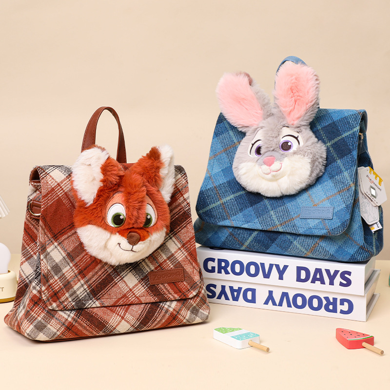 迪士尼正版疯狂动物城朱迪尼克时光格律斜挎包米奇毛绒双肩包尼克