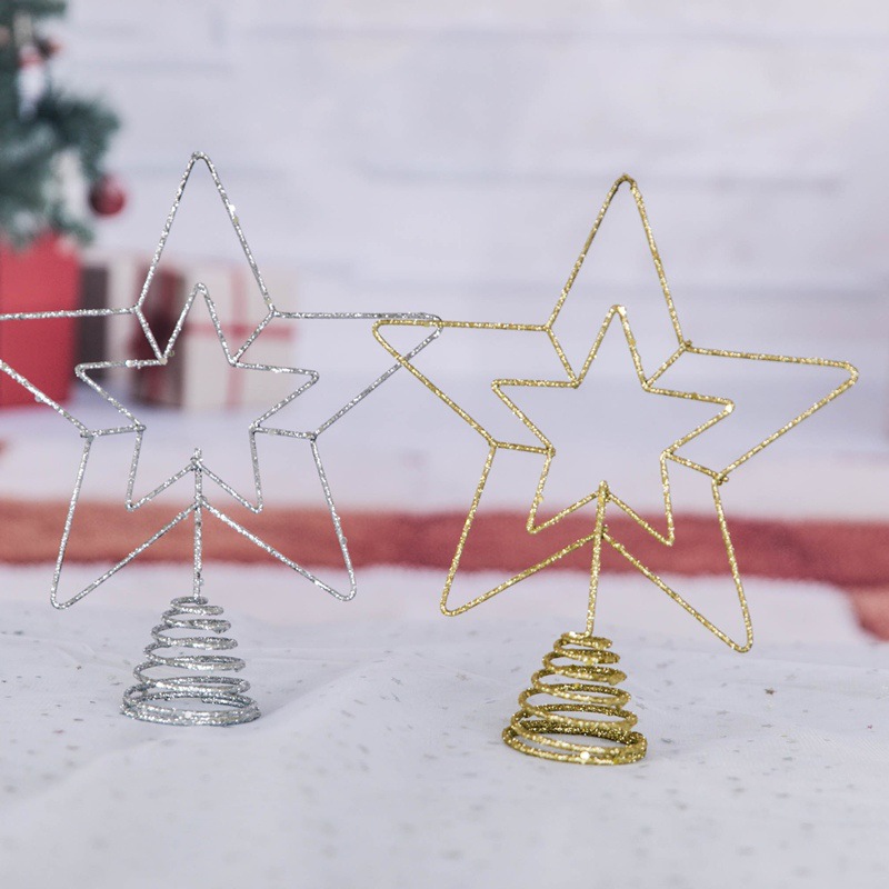 跨境圣诞树顶星装饰 铁艺立体五角星亮粉圣诞节装饰品星星顶摆件