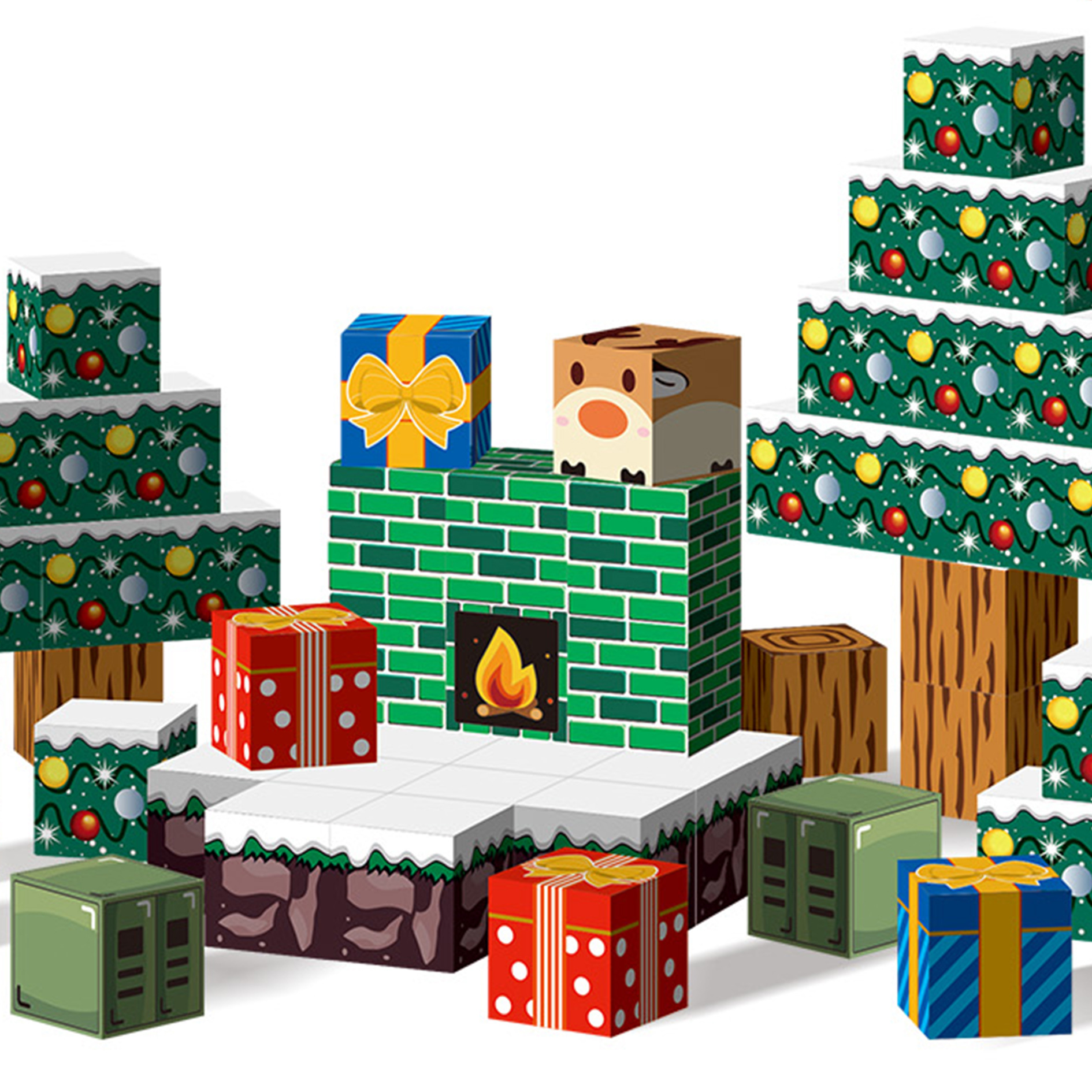 Magnetic Christmas Block Children's Assembly Puzzle Building Blocks 1: Four-Square Space Three-dimensional Thinking Magnetic Upright Cross-border
