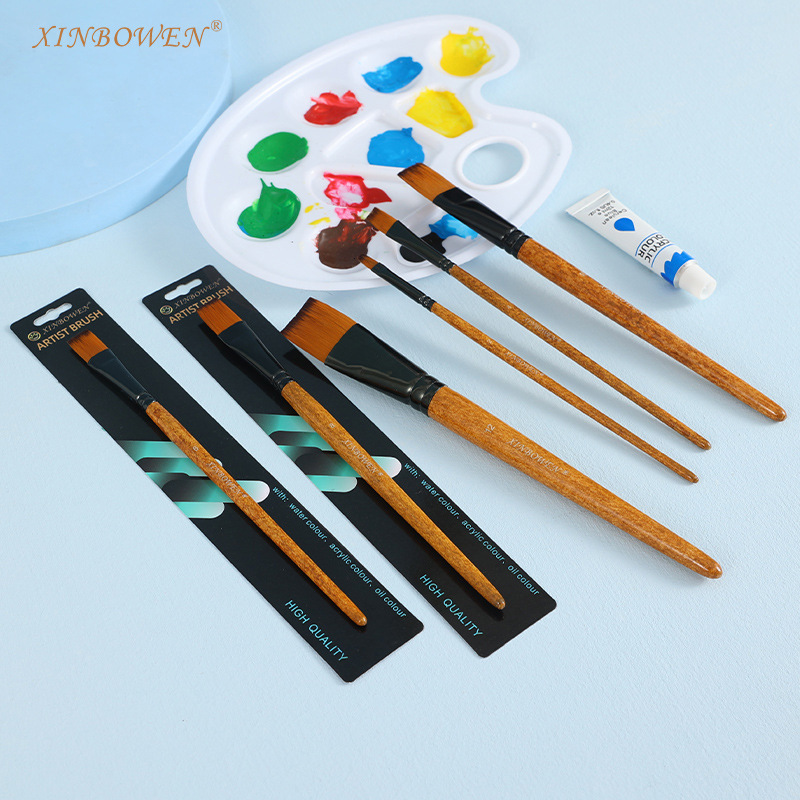Wood grain stem flat-peak nylon brush oil painting brush, aluminum tube acrylic single-barrel painting brush, art studio watercolor pen wholesale Specification image