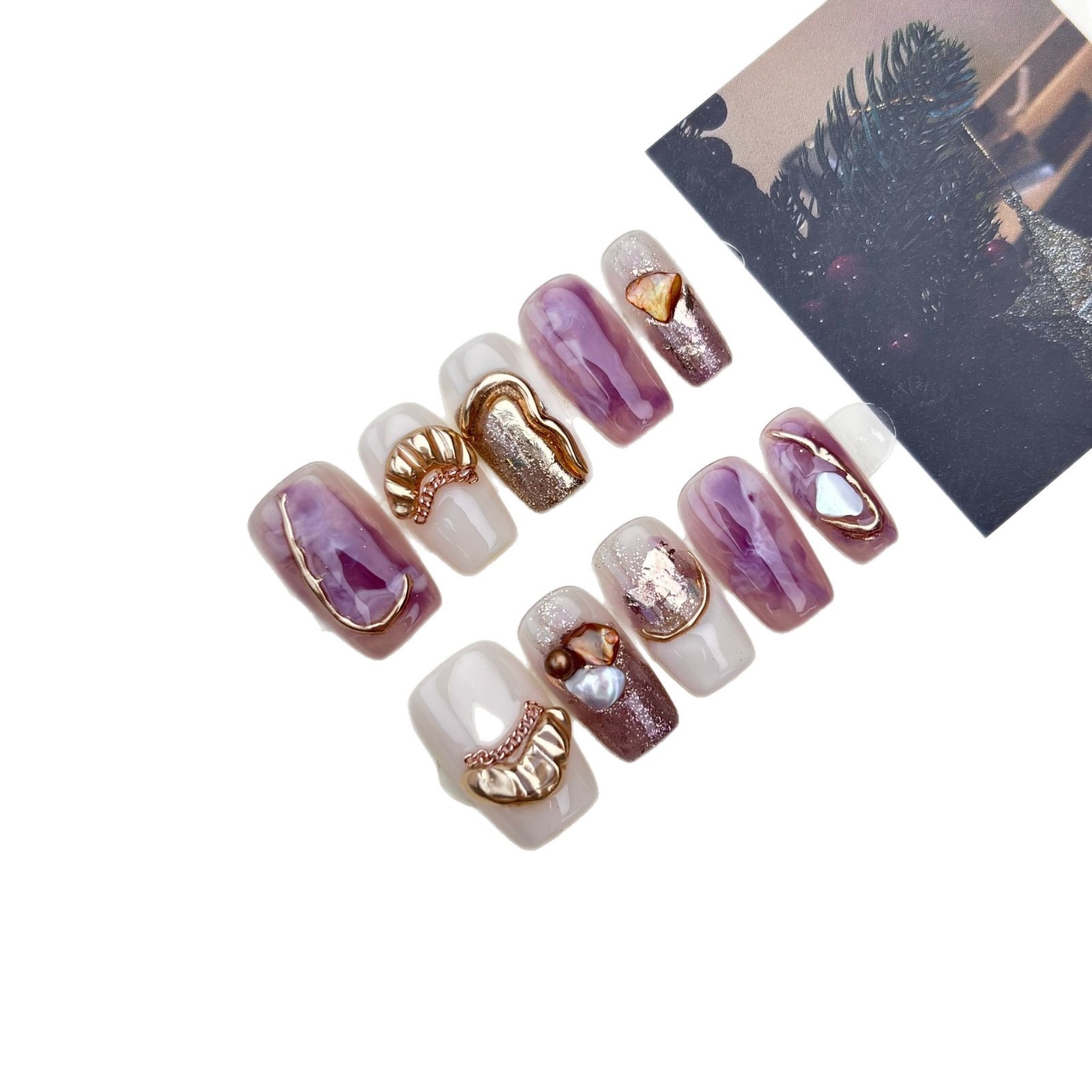 【琼浆】秋冬美拉德焦糖金属晕染立体捏捏复古高级感穿戴甲批发白底实物图