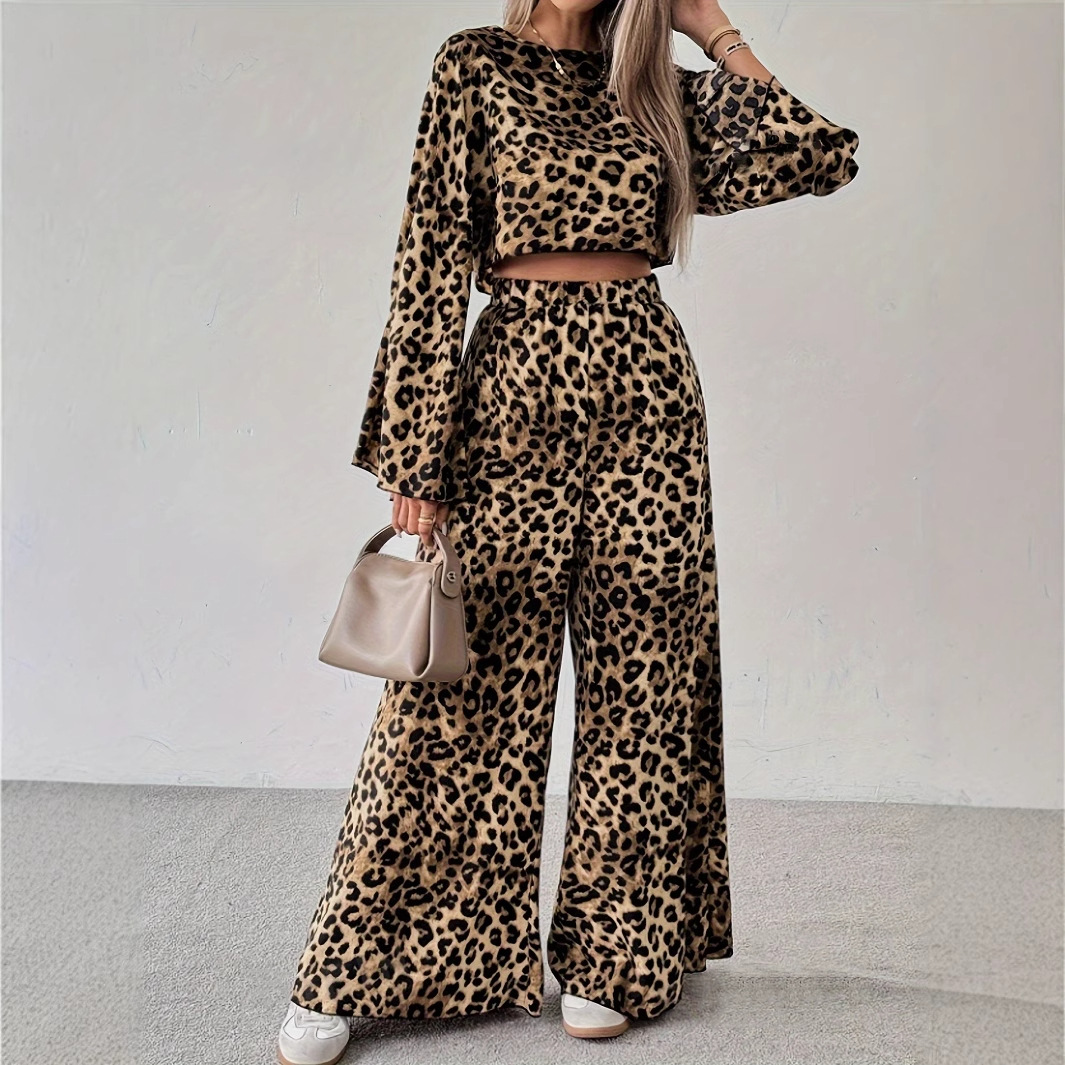 Spring 2025 New leopard print loose and comfortable long-sleeved and long pants two-piece set for cross-border women from Europe and America full figure