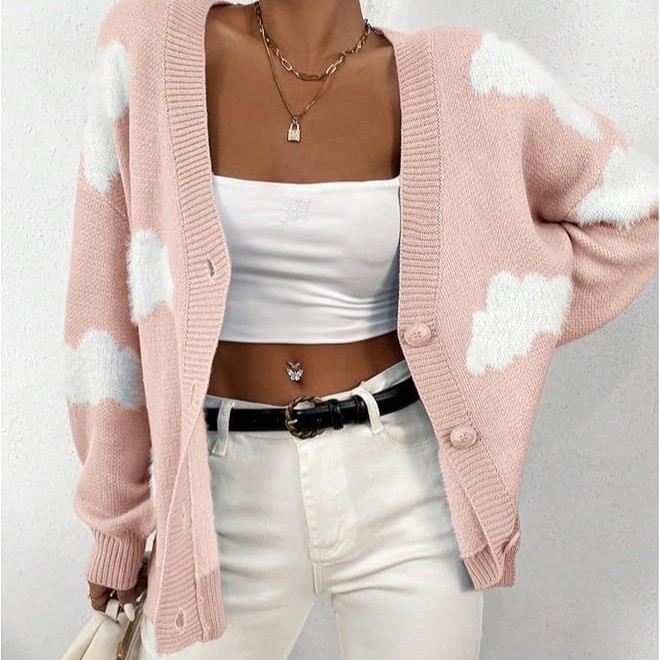 2024 Women's button-down V-neck long-sleeved front cardigan sweater