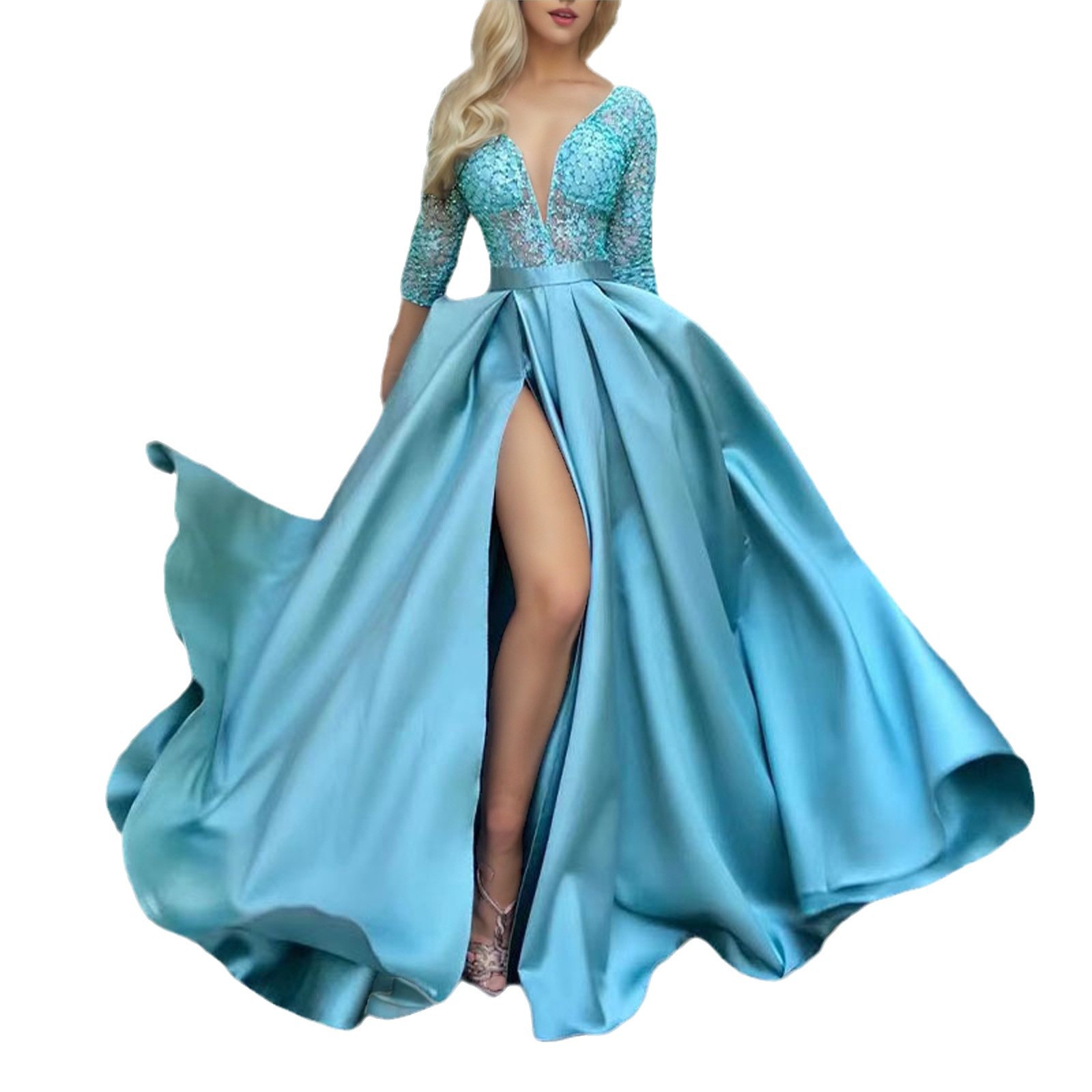 2026 European and American cross-border trade new sexy deep V-neck lace grand hem long dress Sequined tail-end banquet evening dress Item Picture